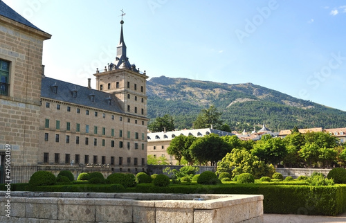 El Escorial, Spain - June 2019: El Escorial Palace and gardens outside Madrid