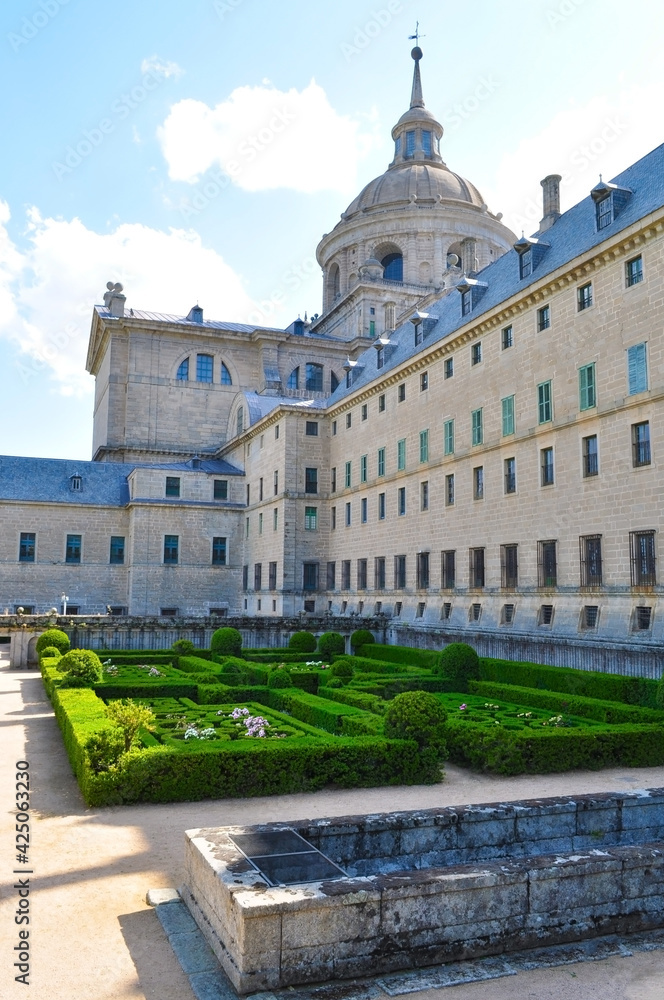 El Escorial, Spain - June 2019: El Escorial Palace and gardens outside Madrid