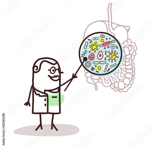 Cartoon Doctor Explaining what is Micro-biota in the Digestive System