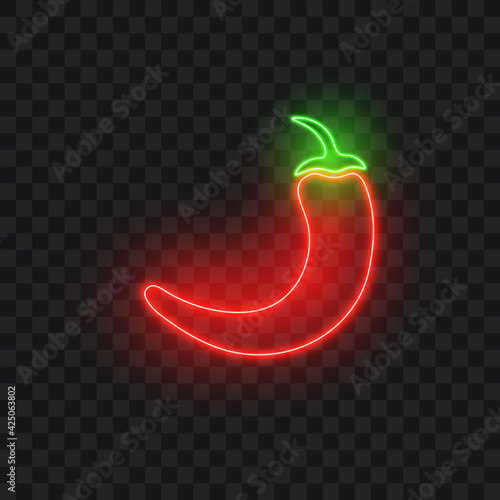 Neon chilli pepper, isolated bright sign, vector illustration.