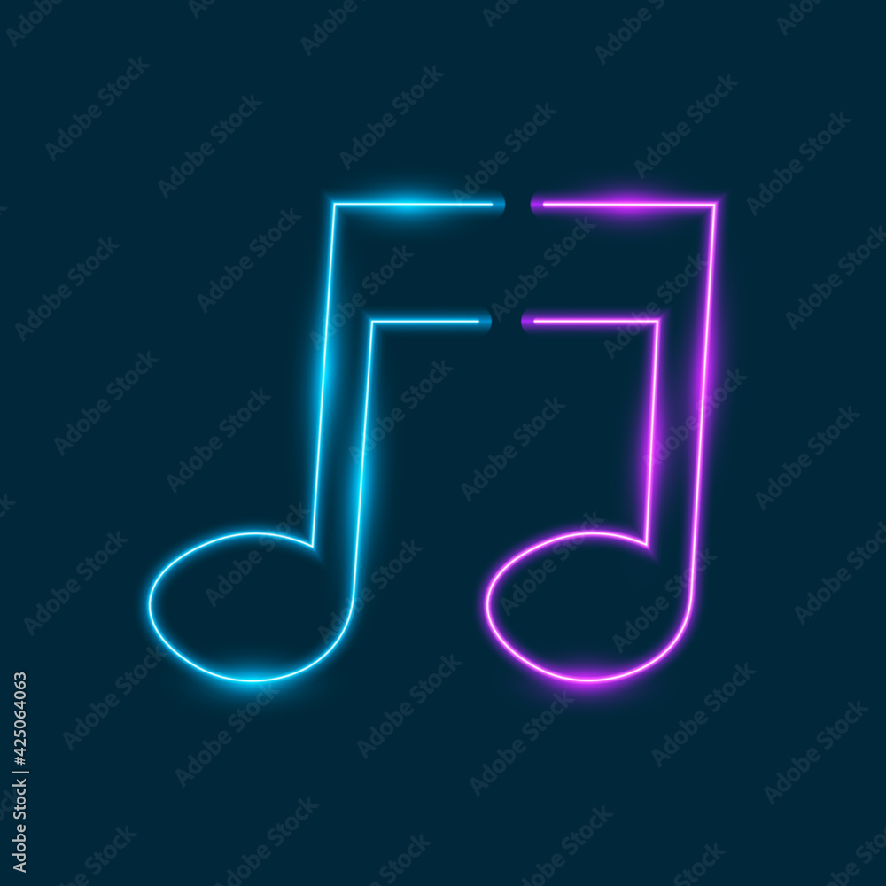 Neon music note, blue and purple musical sign, vector illustration. Neon music note, blue and purple musical sign, vector illustration.