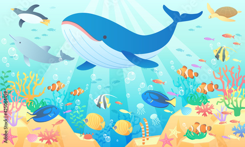 夏の海でクジラやペンギンやイルカが泳いでいるベクターイラスト背景(風景)