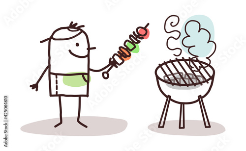 Cartoon Man with Meat Brochette and Barbecue