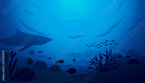 Vector illustration of underwater world scene with coral reefs and shark in the deep blue ocean .