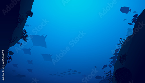 Vector illustration of underwater world scene with coral reefs and manta ray in the deep blue ocean.