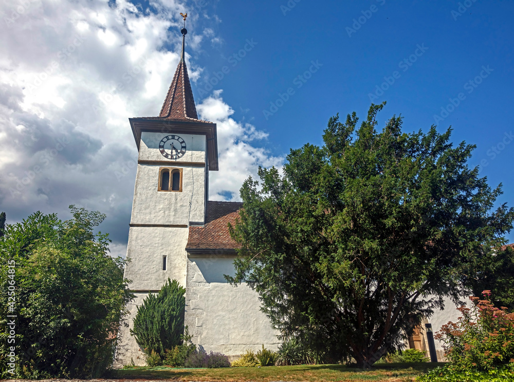 Naklejka premium Church in the village of Gampelen, Switzerland
