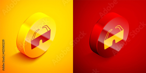 Isometric Safety goggle glasses icon isolated on orange and red background. Circle button. Vector © Kostiantyn