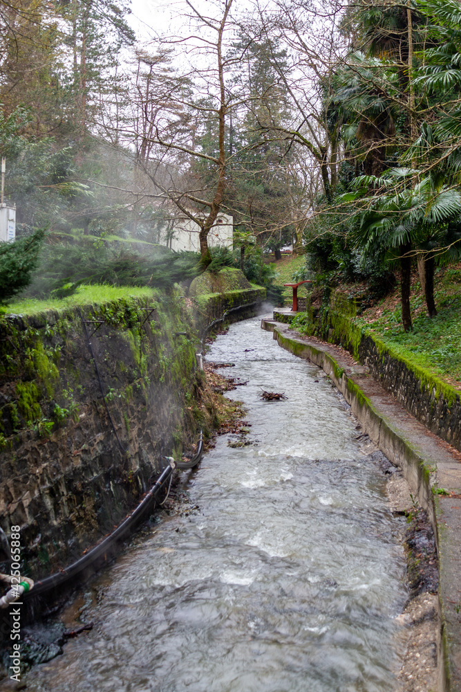 Termal, Yalova - Turkey - January 26 2021: Termal hot springs and thermal baths town Termal, Yalova - Turkey - January 26 2021: Termal hot springs and thermal baths town
