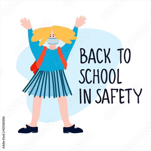 Back to School in Safety banner. Schools safe reopening after covid pandemic lockdown concept
