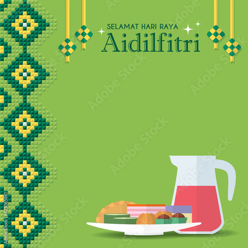 Selamat Hari Raya Aidilfitri greeting card. Ketupat (malay rice dumpling), malay pastry & rose syrup on green islamic pattern background. Flat vector illustration. (caption: Fasting Day celebration)