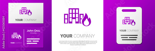 Logotype Fire in burning buildings on city street icon isolated on white background. Destroyed city on fire. Logo design template element. Vector
