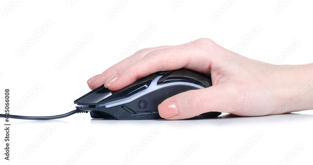 Black PC mouse in hand on white background isolation Black PC mouse in hand on white background isolation