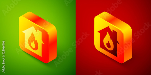Isometric Fire in burning house icon isolated on green and red background. Square button. Vector