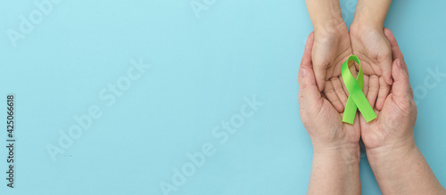 World Mental health awareness day.Adult and child hands holding Green Ribbon on blue panoramic background.Organ donation.World kidney day. Banner. Copy space. Layout. Mock up