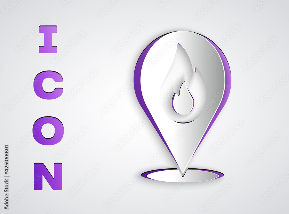 Paper cut Map pointer with fire flame icon isolated on grey background. Fire nearby. Paper art style. Vector Paper cut Map pointer with fire flame icon isolated on grey background. Fire nearby. Paper art style. Vector