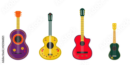 Guitar set. Guitars vector illustration. Mexican guitars and ukulele isolated on white background. Mariachi string musical instrument. Cinco de Mayo design element.