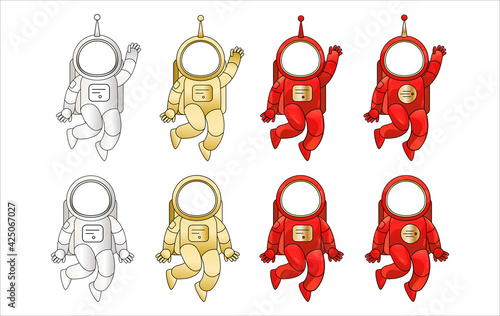 Space suits set template with a big helmet for avatar of face portrait. Isolated vector clipart of spacesuit astronaut clothing. Good for team building, game, interaction, infographic, score tracking