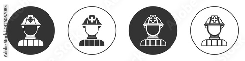 Black Firefighter icon isolated on white background. Circle button. Vector