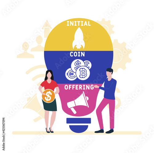 Flat design with people. ICO - Initial Coin Offering acronym, business concept background. Vector illustration for website banner, marketing materials, business presentation, online advertising.