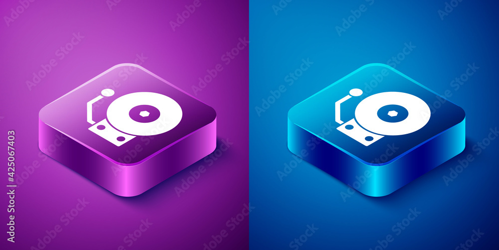 Isometric Ringing alarm bell icon isolated on blue and purple background. Fire alarm system. Service bell, handbell sign, notification symbol. Square button. Vector Isometric Ringing alarm bell icon isolated on blue and purple background. Fire alarm system. Service bell, handbell sign, notification symbol. Square button. Vector