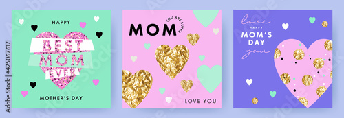 Set of Mother's Day greeting cards with hearts made of pink glitter, gold foil, confetti and dots. Mother Day modern design for greeting banner, fashion ads, poster, sale, social media, promotion