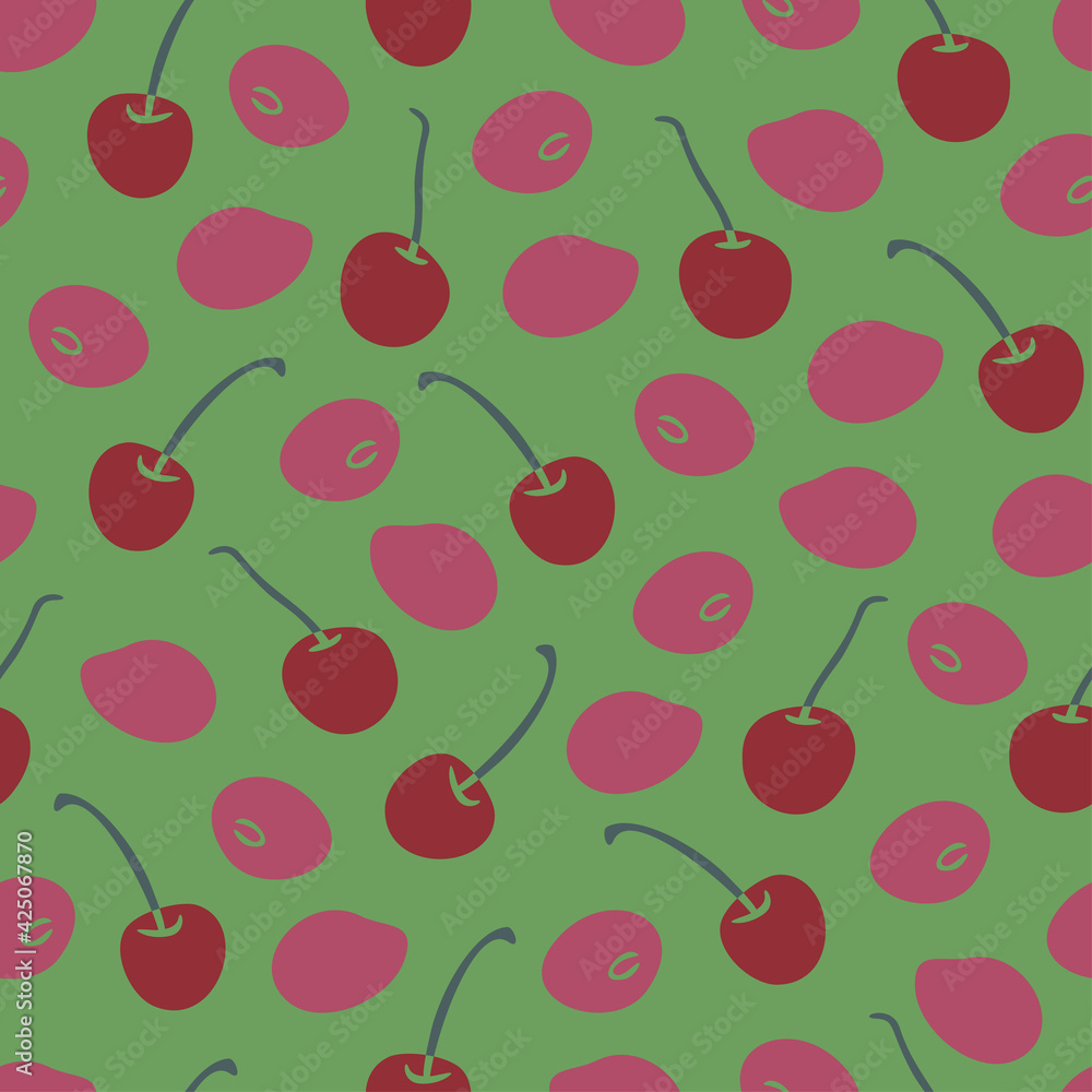 Vector seamless pattern with ripe cherries on green background. Ripe fruits design. Vector seamless pattern with ripe cherries on green background. Ripe fruits design.