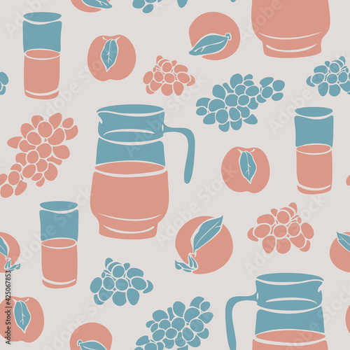 Vector seamless pattern with pitcher and fruits. Jug with juice with ripe grapes and peaches.