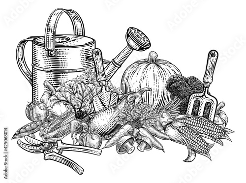 Gardening Tools Vegetables Produce Vintage Woodcut