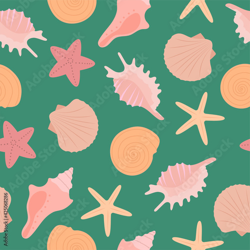Seashell and starfish seamless pattern. Creative marine texture. Great for fabric, textile, wrapping paper