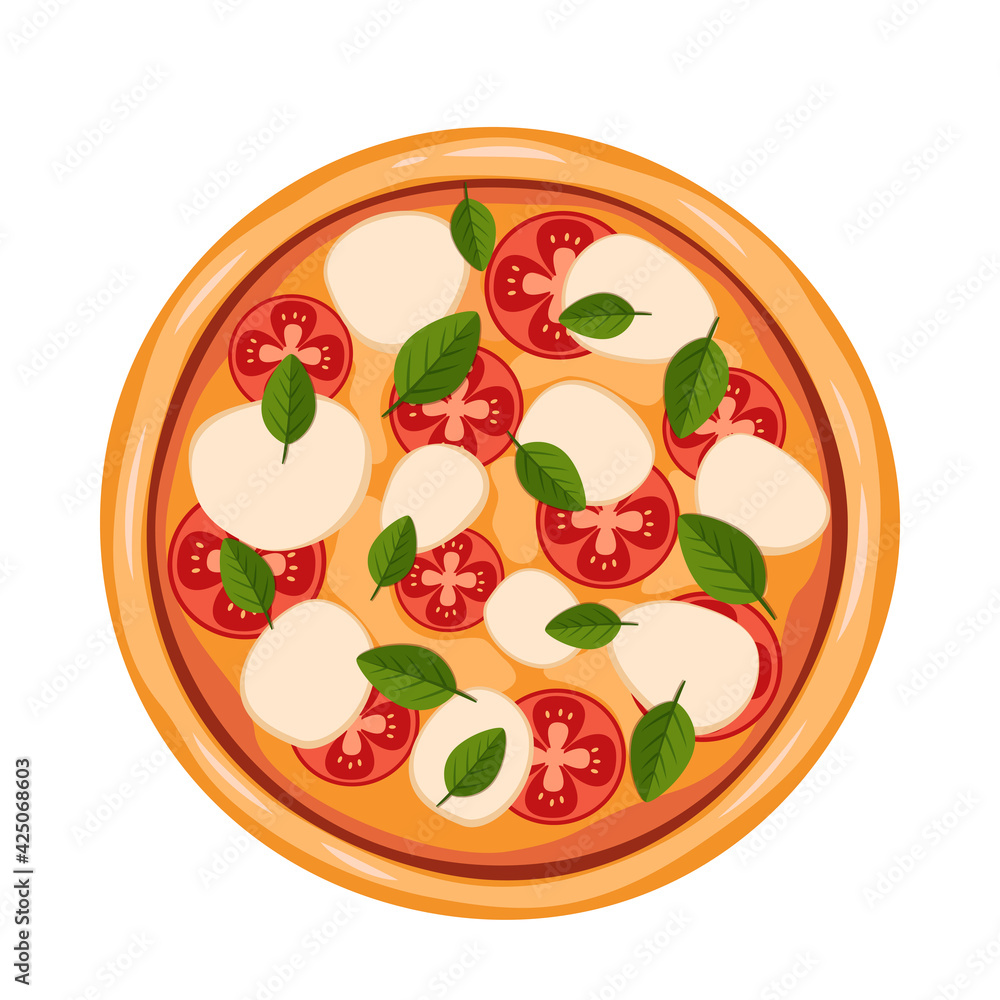 Pizza in a Neapolitan style in a cartoon style. Vector hot pizza with tomatoes and maozzarella. Isolated on a white background. Traditional Italian cuisine
Pizza in a Neapolitan style in a cartoon style. Vector hot pizza with tomatoes and maozzarella. Isolated on a white background. Traditional Italian cuisine