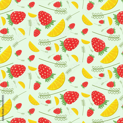 vector pattern with strawberry berries and orange slices on a light green background