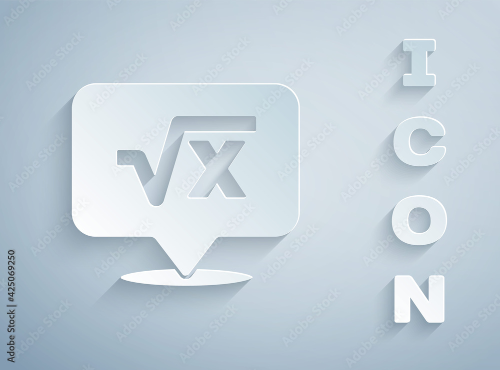 Paper cut Square root of x glyph icon isolated on grey background. Mathematical expression. Paper art style. Vector Paper cut Square root of x glyph icon isolated on grey background. Mathematical expression. Paper art style. Vector