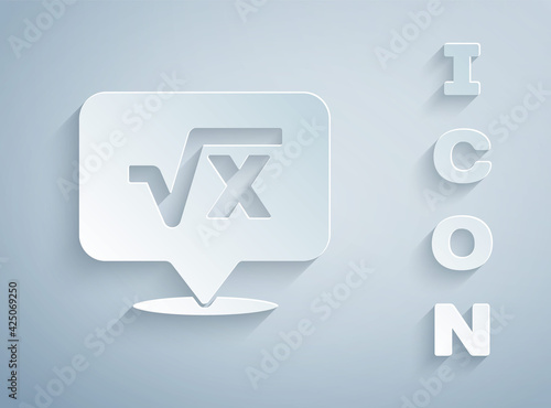 Paper cut Square root of x glyph icon isolated on grey background. Mathematical expression. Paper art style. Vector
