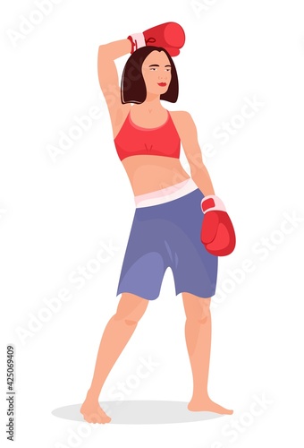 Young adult sexy woman in boxing red gloves. Sport girl relaxed pose isolated on white background. Trendy hand-drawn cartoon vector flat illustration for gym or boxing or kickboxing.