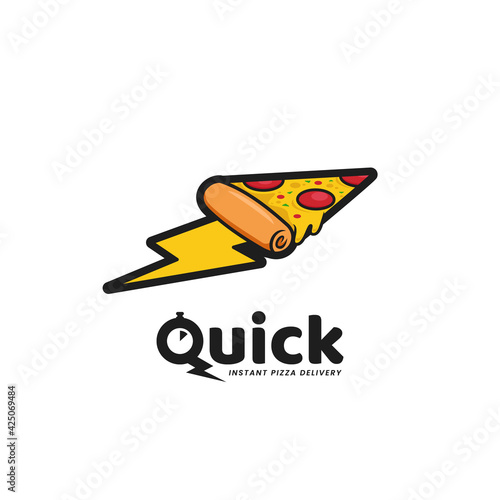 Quick pizza delivery logo, fast food instant pizza restaurant logo with lightning speed slice of pizza icon illustration in cartoon style
