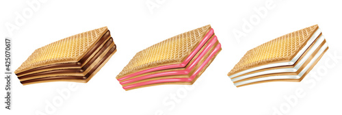 Wafers Chocolate, Strawberry, Milky cream in the middle on white background. Realistic vector in 3D illustration.