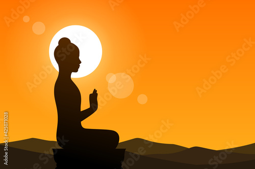 Lord buddha on mountain and sunset landscape