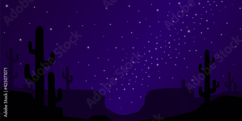 Desert cactus landscape on night sky with milky way silhouette background wallpaper,