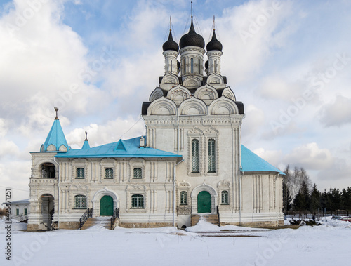 Annunciation church in Tayninskoe, Mytischi, Moscow region, Russia. Spring, cloudy sky. Traditional russian orthodox church.