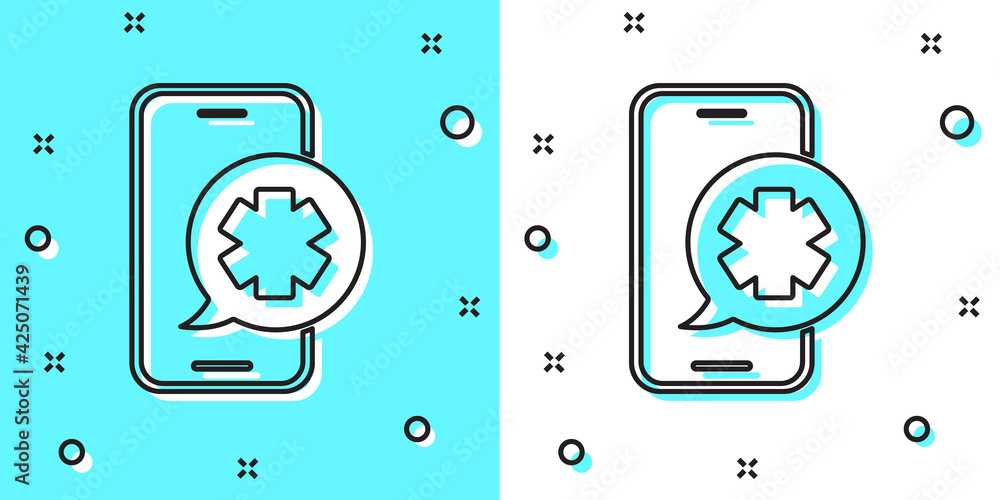 Black line Emergency mobile phone call to hospital icon isolated on green and white background. Random dynamic shapes. Vector Black line Emergency mobile phone call to hospital icon isolated on green and white background. Random dynamic shapes. Vector