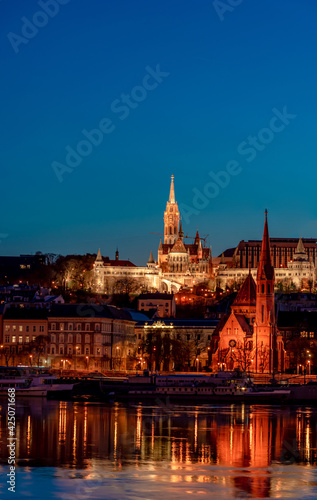 Night Budapest, Fisherman's Bastion, reflection of night lights on the water, cityscape