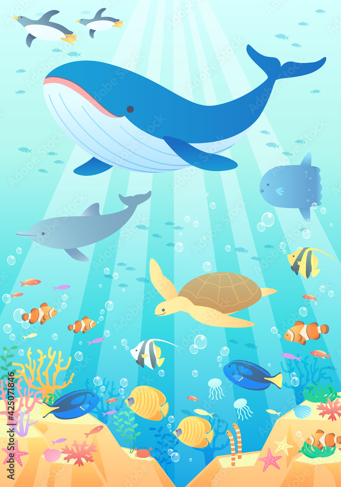 夏の海でクジラやペンギンやイルカが泳いでいるベクターイラスト背景 風景 Stock Vector Adobe Stock 夏の海でクジラやペンギンやイルカが泳いでいるベクターイラスト背景 風景 Stock Vector Adobe Stock