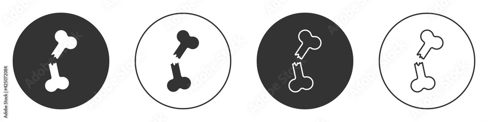 Black Human broken bone icon isolated on white background. Circle button. Vector Black Human broken bone icon isolated on white background. Circle button. Vector