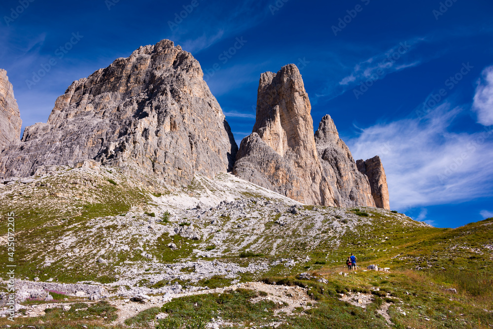 Tre cime di Lavaredo mountain peaks in Italy, a famous travel destination in Dolomite mountains Tre cime di Lavaredo mountain peaks in Italy, a famous travel destination in Dolomite mountains