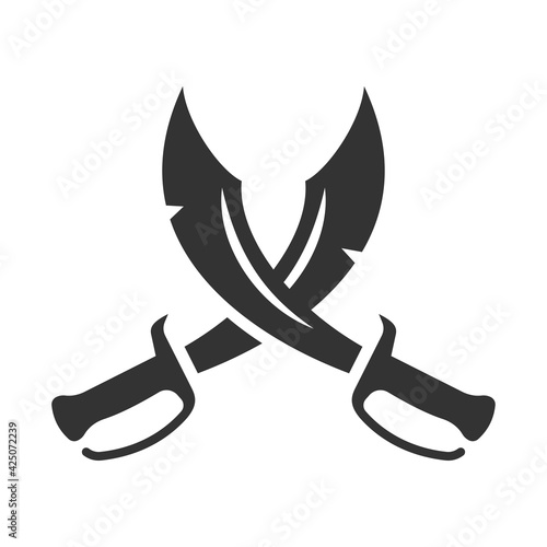 Crossed sabers bold black silhouette icon isolated on white. Swords, kindjal daggers pictogram.