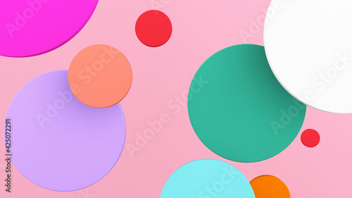 Colorful circle shapes, pink background. Abstract illustration, 3d render.