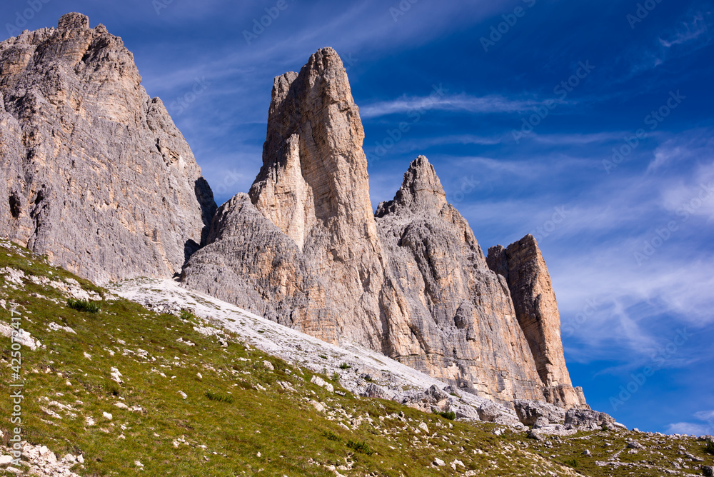 Tre cime di Lavaredo mountain peaks in Italy, a famous travel destination in Dolomite mountains Tre cime di Lavaredo mountain peaks in Italy, a famous travel destination in Dolomite mountains