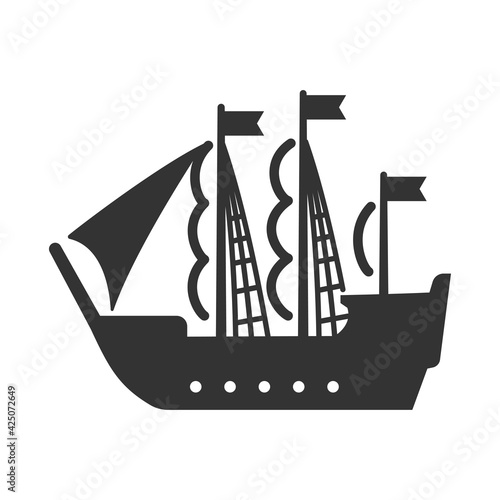 Sailing ship, pirate vessel bold black silhouette icon isolated on white. Barque, windjammer, sailboat.