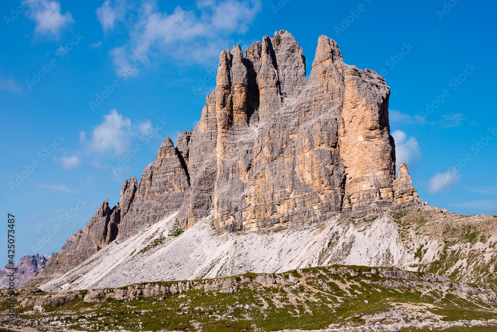 Tre cime di Lavaredo mountain peaks in Italy, a famous travel destination in Dolomite mountains Tre cime di Lavaredo mountain peaks in Italy, a famous travel destination in Dolomite mountains