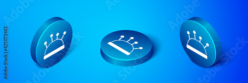 Isometric Needle bed and needles icon isolated on blue background. Handmade and sewing theme. Blue circle button. Vector
